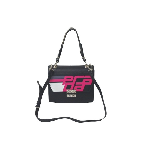 Prada Handbags - Very Prada shoulder bag Saffiano leather studs black pink racing logo